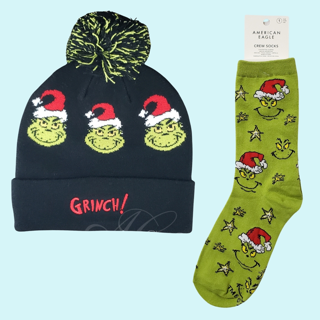 Bundle American Eagle Hat Beanie Grinch & Grinch Crew Socks 1 Pair Christmas